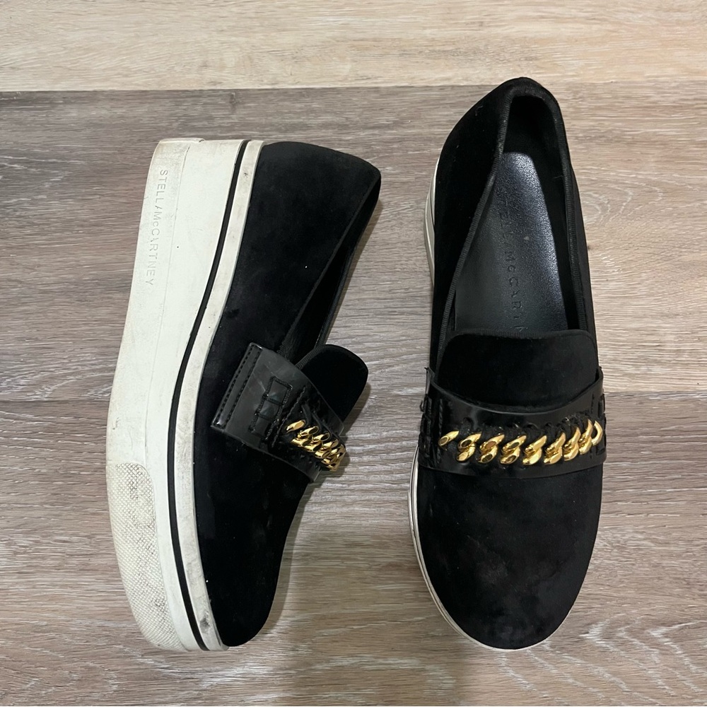 Stella McCartney Binx Platform Loafers Black Velvet Gold Chain - EU36